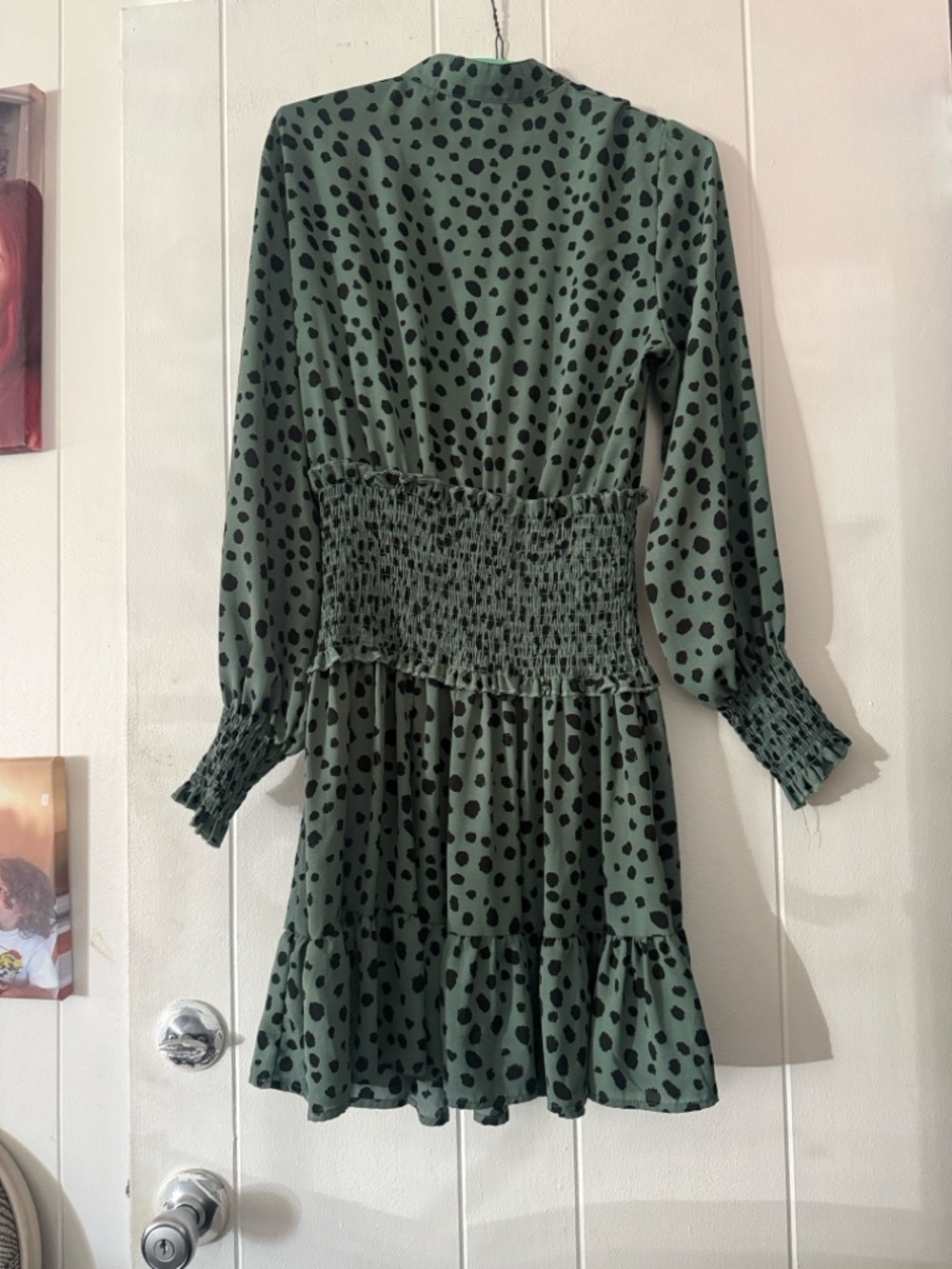 Women's Green Polka Dot Long-Sleeve Smocked Waist Dress